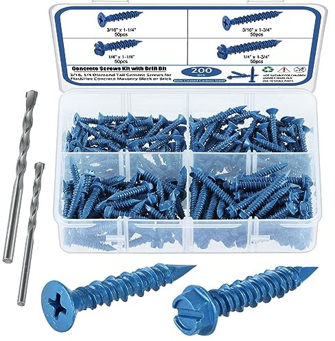 SATANTECH Viti per calcestruzzo con punta per trapano, 200 viti per calcestruzzo da 1/4 3/16, kit assortito con testa piatta e esagonale, blocco per muratura, viti e tasselli per cemento, senza