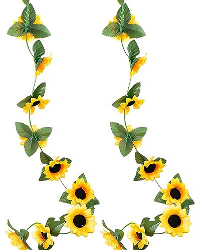 TAFACE 2 x Sonnenblumenkränze, Gesamtlänge je 2,3 m, künstliche Efeu-Ranken, Sonnenblumenkranz aus Seide, Hänge-Sonnenblumen-Rattan, für Garten, Wanddekoration, 2 Stück