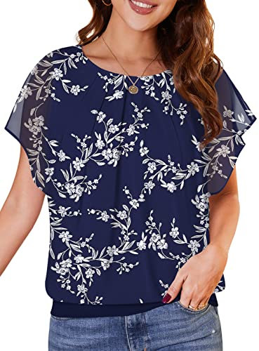 WANGZHI Damen Sommer Fledermausärmel Chiffon Bluse Rundkragen Casual T-Shirt Loose Fit Kurzarm Tunika Festliche Oberteile Basic Shirt Tops Chiffonbluse YH-Weiße Blätter/blau,XL