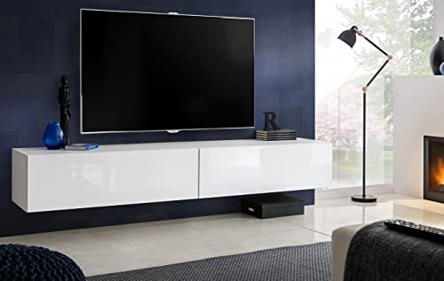 Komodee, Mueble Banco TV Loreto, Blanco Blanco, Ancho 200 cm x Altura 30 cm x Profundidad 41,5 cm, Estilo Moderno, Minimalista para Sala de Estar, Dormitorio