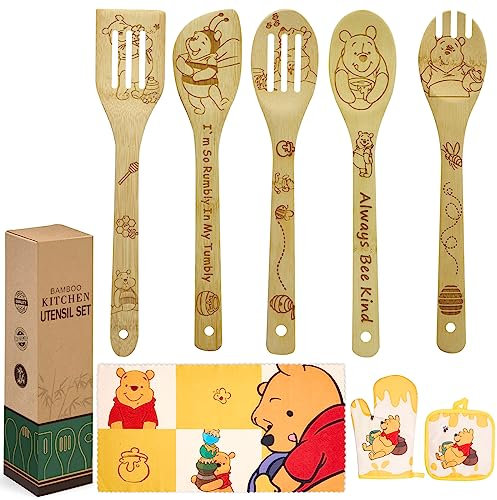 Birthday Gifts for Women, Cute Bear Bee Kitchen Cooking Utensils Set with Wooden Cooking Spoons Bamboo, Oven Mitt Potholder Dish Towels Set Great Christmas Idea for Mom