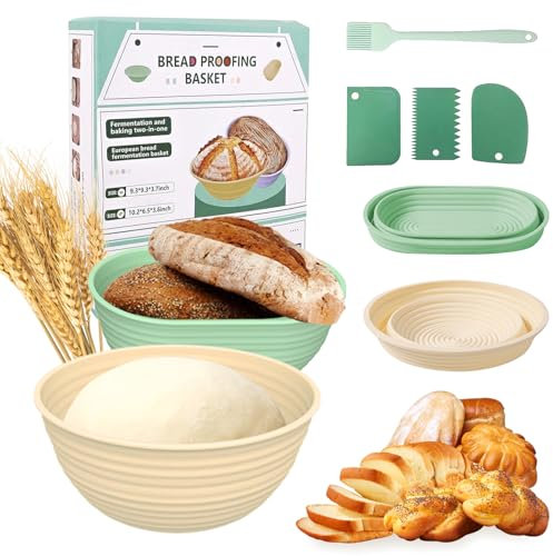 Cesta de Fermentación para Pan, 23,5 cm Redondo y 26cm Ovalado Silicone Banneton Cestas de Prueba de Pan Plegable, Kit Para Hacer Pan incluye Espátula de Masa, Brocha y Cortadora de pan