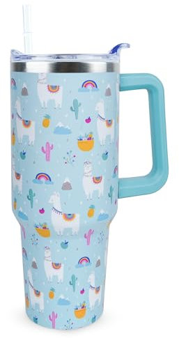 Xchearser Süßer Lama-Becher mit Griff und Strohhalm, Alpaka-Edelstahl, isolierter Becher mit Deckel und Strohhalm, Reisebecher, Wasserflasche, Geschenke für Frauen, 1,2 l