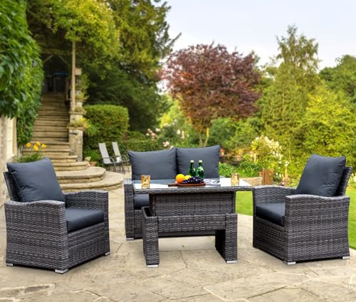 4 Seater Rattan Garden Furniture Set with Height Adjustable Rising Table - Outdoor Patio furniture - Conservatory Sofa sets - FREE COVER INCLUDED (Dark Grey, 4 Seater with Rising Table)
