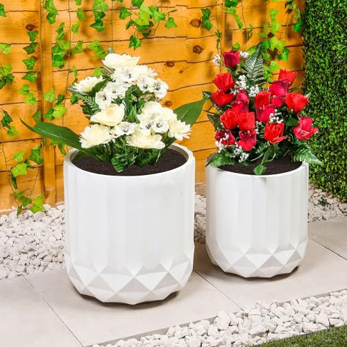 Taylor & Brown Set of 2 Large Handmade Round Plant Pots 31/26cm MgO Modern Flower Planter Pot Garden Decoration Indoor/Outdoor Planters with Geometric Texture Design and Drainage Holes (White Flute)