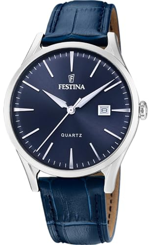 Festina Herrenuhr Analog aus Leder Blau | Quarzwerk, Kalender, Widerstandsfähiges Mineralglas, Wasserdicht 5 ATM Elegant F20688/3