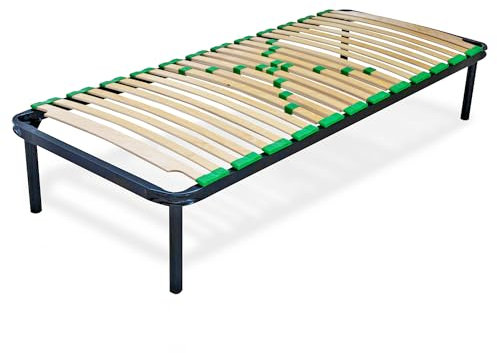 EVERGREENWEB - Sommier Simple 90 x 200 cm 24 Lattes en Bois avec Lattes réglables, Orthopédiques, Cadre en Fer Renforcé laqué époxy, 4 Pieds Amovibles Inclus, Mod. Premium