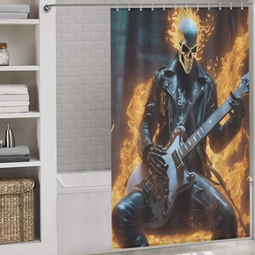 PAZZK Guitar Skeleton Man Shower Curtain Resistant Waterproof Bathroom Curtains with 12 Hooks Quick-Drying Polyester Shower Curtains for Bathroom Wet Room Tub 55x72Inch(140x183cm)