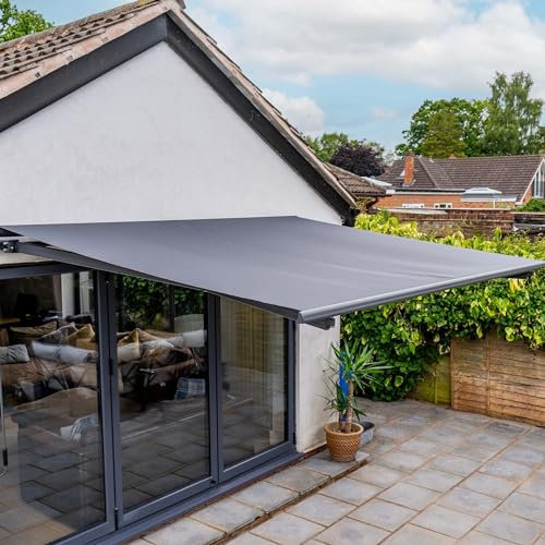 JSH 3 x 2.5m Full Cassette Electric Awning With LED Lights | Remote Control/Manual | Aluminium Frame DIY Retractable Awning, UV50+ Sun Shade Canopy for Garden Patio Deck Door Window | | Dark Grey