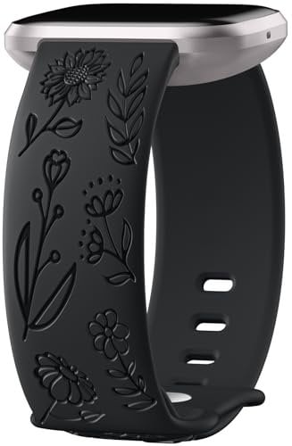 Ouwegaga Armband Kompatibel mit Fitbit Versa 2 Armband/Fitbit Versa Armband, Ausgefallene Löwenzahn-Muster Weiche Silikon Band für Versa 2/Versa/Versa Lite/Versa SE, Groß Schwarz
