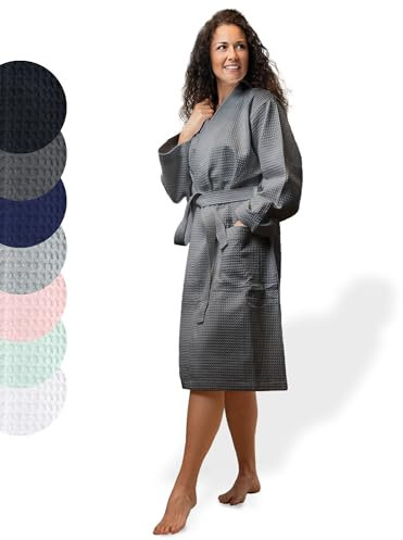 SIEGENTHAL® Damen Bademantel Waffelpique 100% Baumwolle mit Schalkragen Leicht Morgenmantel - Dunkelgrau L - XL
