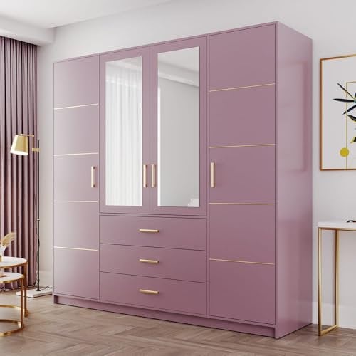 Albello - Kleiderschrank 196 cm x 57.5 cm x 200 cm Blame, Schrank mit Spiegel, Großer Garderobenschrank, Schrank Wohnzimmer aus Holzwerkstoff, Schrank Schlafzimmer - Plum/Violet/Rose