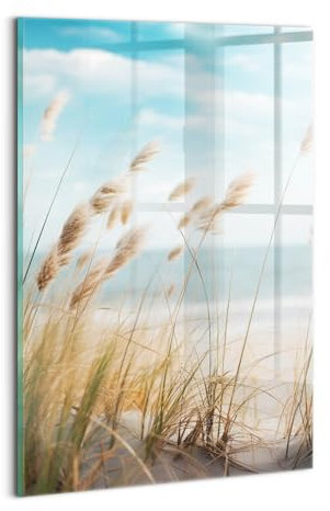 Wallfluent Glasbild Mit Motiv Gehärtetes Glas Bild Dicke 4mm 20x30cm Wanddekoration Für die Küche Badezimmer und Schlafzimmer Wandbild - Landschaft aus Grasstrand und Meer im Boho-Stil