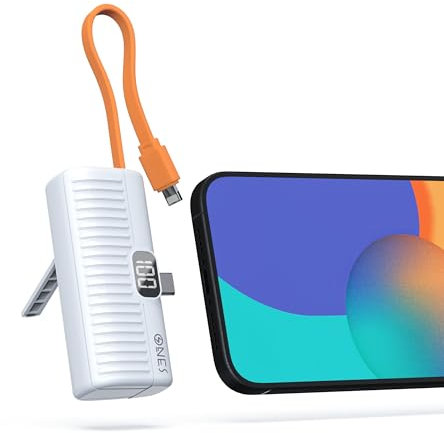 ONES Mini Capsule Power Bank 5000 mAh Bateria Externa, Mini Cargador Portátil con Pantalla LED/Soporte para iPhone 16 15 14 13 12 11 Pro Samsung S23 S22 etc, Conector USB C y Cable Lighting, Blanco