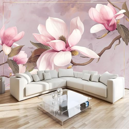 Fototapete Schlafzimmer Blumen Magnolie Rosa 300x210 cm 3D Druck Vliestapete, Wandtapete Wandbilder, für Wohnzimmer, Kinderzimmer, TV Hintergrund Vlies Tapete