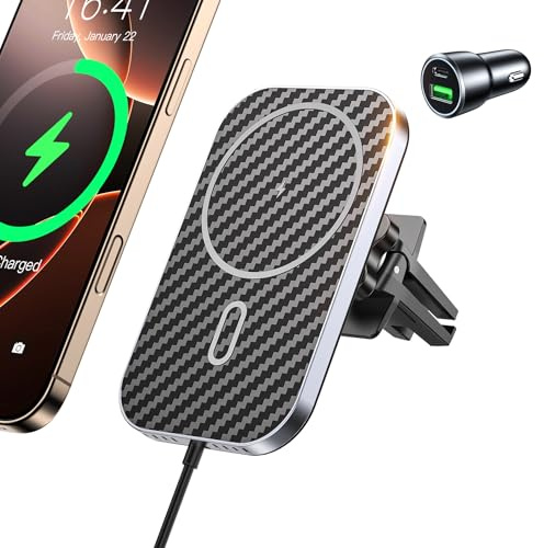 15W Mag-safe Support Voiture avec Chargeur sans Fil, Mag-Safe Chargeur Voiture Ventilation sans Fil Magnétique Support Téléphone Portable pour i-Phone 16 15 14 13 12 Pro Max Mini Plus, avec Adaptateur
