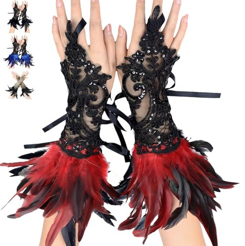 AUNGCSHE Spitze Feder Handschuhe, Feder Manschetten, Damen Feder Spitze Fingerlose, für Halloween Kostüm, Maleficent Kostüm Damen(Rot)