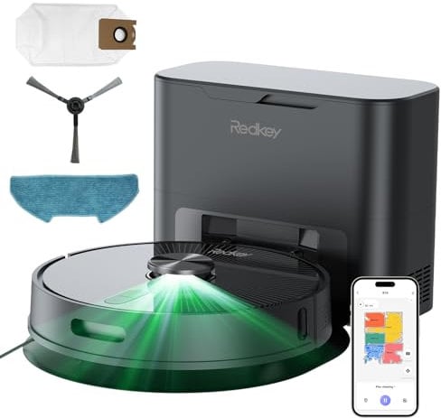 Redkey R10 Robot Aspirapolvere Lavapavimenti Senza Fili, Potente aspirazione, Autopulizia 90 Giorni, e Navigazione LIDAR, Controllo APP, Peli di Animali Domestici e Pavimenti Duri