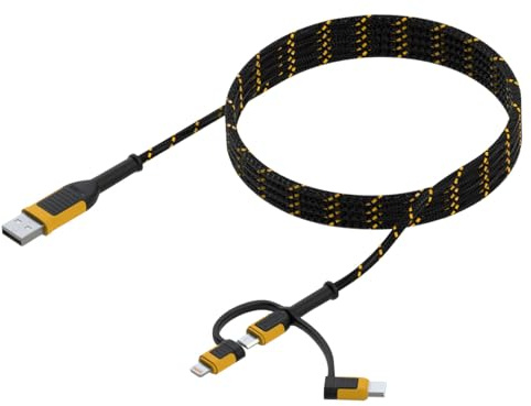 DeWALT 3-in-1-Kombinations-Ladekabel, 1,8 m, USB A auf USB C, Lightning® oder USB-Micro-verstärkt mit Kevlar®, um wiederholtem Biegen und Biegen standzuhalten, für längere Lebensdauer