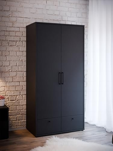 FORTE Pittsfield Kleiderschrank 90 100, Moderner Kleiderschrank, 2-türig, 2 Schubladen, Drehtürenschrank, Holzwerkstoff, Schwarz, 94,5 cm breit x 190,4 cm hoch x 54 cm tief