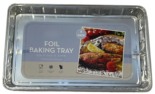 Bandeja grande de aluminio para hornear, asar, barbacoa, almacenamiento de alimentos, 32 x 20 x 3 cm, apta para alimentos, horno y congelador (8 bandejas)