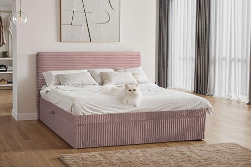 Kaiser Möbel - Boxspringbett 200x200 cm - Bett mit Bettkasten, Matratze H2 Mittelweich und Topper - Hohe Kopfstütze, 2 Matratzen und 2 Bettkästen - Polsterbett Trento, Plüsch Cord Velo Rosa