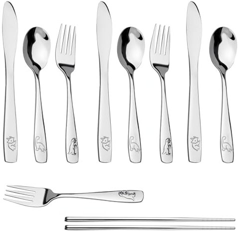 10 Piezas Animales Cubiertos Niños Conjunto Niños Cubiertos Acero Inoxidable Dinosaurio Con Motivos Lindos 3 X Tenedor 3 X Cuchara 3 X Cuchillo 1 Par Palillos para El Hogar Restaurante Escuela