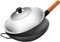 Gusseisen -Wok -Pfanne, Nicht -Stick -Wok -Rund -Boden -Topf, Wok mit temperamentvollem Glasdeckel, Massive Holzgriffe Große Tiefe Wok, nur offene Flamme, sautiert, köcheln, schmoren, Fryin (32 cm)