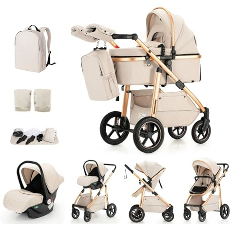 Kakbgee 3-in-1 Kinderwagen | Kombi-Kinderwagen mit Babyschale | Buggy mit Höhenverstellbarem Griff | Aluminium-Rahmen | Moskitonetz | für Neugeborene 0-4 Jahr