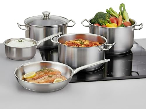 MAGIC HOME Topfset INDUKTION 9-tlg | Edelstahl Pfannenset & Kochtopf Set | Satin-Finish Bratpfannen & Töpfe | Induktionstöpfe | Kochtopfset Für Alle Herdarten, Induktionsherd | Chloe