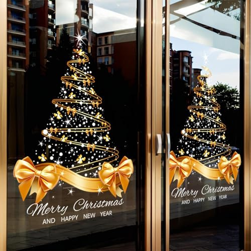 Lot De 2 Stickers Grand Sapin De Noël Doré, 65x 45cm Autocollants Statiques En Forme D'arbre De Noël, Autocollants Muraux Décoration De Noëls, Pour Mur, Fenêtre, Porte, Vitrine