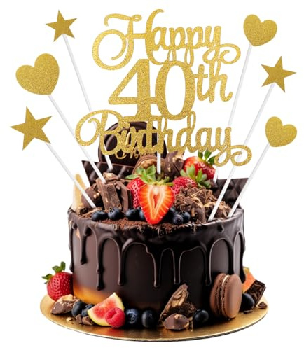 7Pcs Personalised Happy 40th Birthday Cake Topper, 40th Birthday Cake Decorations with Heart Star Cupcake Picks, Gold Glitter Happy 40 Years Old Birthdays Sign for Birthdays Party Supplies