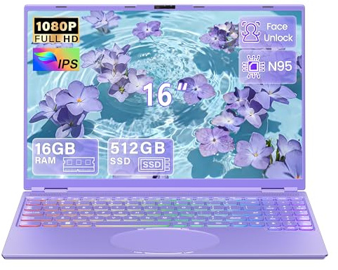 2026 16 Inch Laptop Purple, 512GB SSD, 16GB DDR4 RAM, Quad-Core N95 CPU | up to 3.4GHz (beat 3250C N5105), FHD IPS Screen, Face Login, Color backlit keyboard, HDMI, USB 3.0, 5000mAh Student Notebook