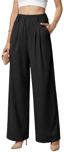 Neteson Pantalons Larges Femme Elegant Pantalon Fluide Palazzo Décontracté Taille Haute à Jambe Large Pantalon Loisirs Travail de Costume Léger avec Poche Droit Pants Longueur