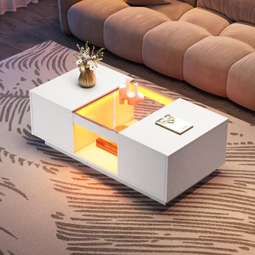 okwish Couchtisch mit LED & Schubladen Weiß Hochglanz 100x50x35,5 cm | Moderner Wohnzimmertisch aus Spanplatte & Glas, Pflegeleicht, Stabil, geeignet als Stubentisch und Kaffeetisch