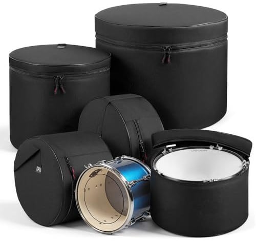 VEVOR Set Housse pour Batterie, 600D, Sac pour Batterie 5 PCS pour Transport Rangement Protection de Caisse Claire, Grosse Caisse, Tom Différentes Tailles, Rembourrage Épais, avec Bandoulière, Poignée