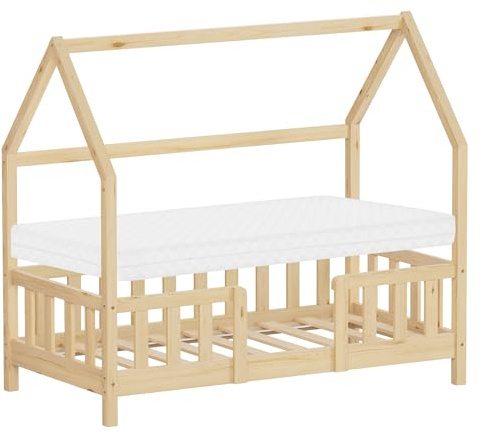 ML-Design Kinderbett Hausbett 70x140 cm mit Matratze, Rausfallschutz, Dach & Lattenrost, Natur, Bettgestell aus Kiefernholz, Montessori Bodenbett, Holzbett für Mädchen & Jungen, Jugendbett Doppelbett