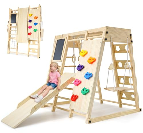 Maxi Klettergerüst Indoor, 10 in 1 Multifunktional Klettergerüst für Kinder, Montessori Indoor-Spielplatz mit Tafel, Rutsche, Schaukel, Kletterwand, Kletterdreieck, Klappbarer Spielturm Natur