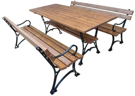 Casa Padrino Jugendstil Gartenmöbel Set Tisch und 2 Sitzbänke mit Armlehnen Braun/Schwarz 150 cm - Gartenmöbel