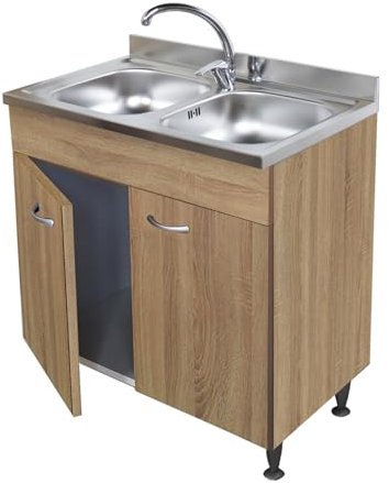 Mueble de cocina de 2 puertas con fregadero inoxidable 80, 2 bañeras para debajo del fregadero modular.