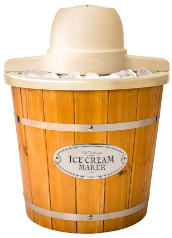 Nostalgia Electric Ice Cream Maker With 4 Qt Capacity- Old Fashioned Ice Cream Machine Makes Frozen Yogurt or Gelato in Minutes- Vintage Wooden Style Ice Cream Maker with Aluminum Canister- Light Wood