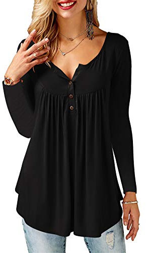 Amoretu Damen Langarmshirt V-Ausschnitt Oberteile Bluse Tunika Schwarz XL