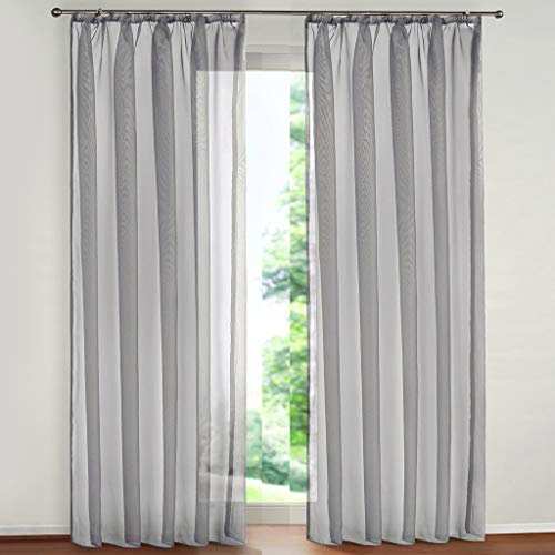 SIMPVALE 2er Set Vorhang durchsichtig Einfarbig Voile-Vorhänge mit Schienenhaken für Gardinen Schlafzimmer Wohnzimmer Balkon, Grau, 140X260 cm