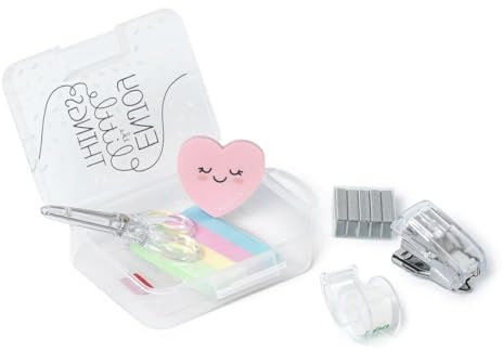 Legami - Mini-Schreibwaren-Set, 6 Zubehörteile im Mini-Format: Schere, Gummi, Tischhalter, Klebeband mit Spender, Hefter und Metallklammern, 7 x 10,5 cm, praktische Transportbox