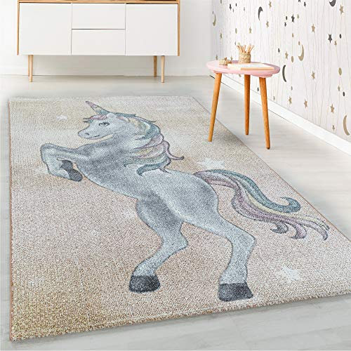 HomebyHome Kinderteppich Einhorn Sterne Design Gelb 160x230 cm - Teppich Kinderzimmer Mädchen und Junge Extra Weich Antiallergen - Babyzimmer Teppich für Kinder Spielteppich Babyteppich Rechteckig
