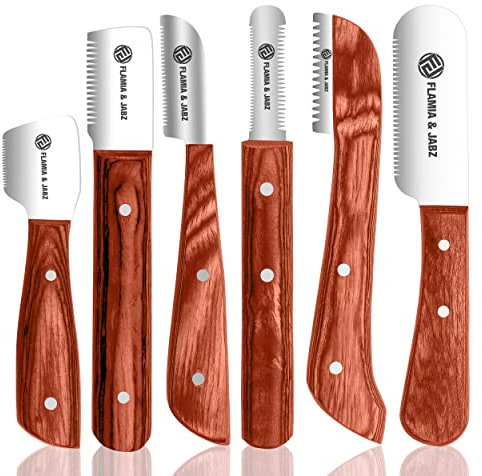 FLAMIA & JABZ Professional Stripping Knife kit (6 Pieces Set) for Dogs & Pets, Wooden Handle Grip with Stainless Steel Blade (Right Handed) (Orange)