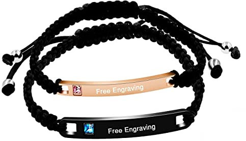 Uloveido His and Hers Matching Set Titanium Stainless Steel Personalized Couple Bracelet Custom Engraving (A Pair) (Black and Rose Gold)