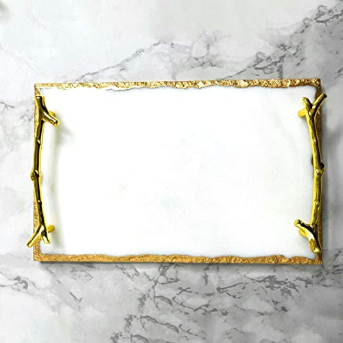 Luxury Marble Tray With Stylish Metal Handles - Vanity for Jewelry Display, Serving, Kitchen, Counter, Dresser, Nightstand and Desk (White With Gold Edges and Handles)