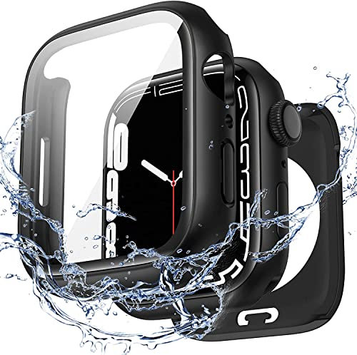 Kamita wasserdichte Hülle Kompatibel mit Apple Watch Series 9/Series 8/Series 7 45mm, 2 in 1 Hart PC Bumper Case mit Hartglas Displayschutzfolie, Rundum Schutzhülle Cover für iWatch9/iWatch8(Schwarz)