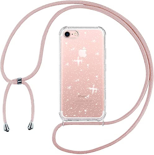 Tikgue Handykette für iPhone SE 2022/2020 Hülle iPhone 8/7 Hülle mit Band, Handyhülle mit Kordel zum Umhängen Schutzhülle mit Kette Glitzer Transparent Weich TPU Silikon Bumper - Roségold